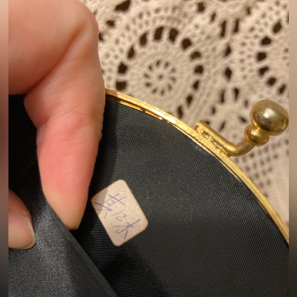 Vintage Circular Clutch Black Bag With Stitched Florals, Gold Accents - Picture 13 of 17